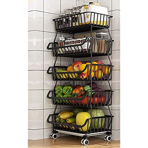 Metal Baskets Storage Organzier with Wheels 5 Tiers Stackable Storage Baskets Pantry Fruit Vegetable Baskets Rack for Organizing Rolling Utility Cart Cover