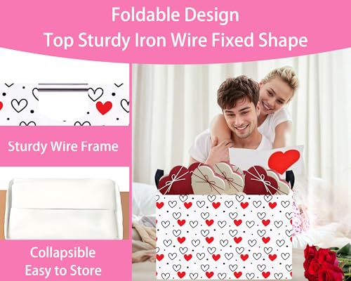 Image of Valentines Day Basket Large Foldable Heart Shaped Storage Box for Gifts Kids Empty Storage Bins Rectangular Toy Organizer Decor (Black Dot Love Red Love)