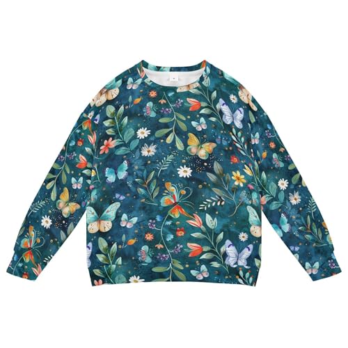 JUNZAN Colorful Butterflies and Flowers Teal Green Kids Girls Hooded Sweatshirt Crewneck Fall Tops Shirts Athletic 4T