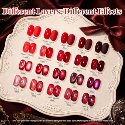 Image of Beetles Red Gel Nail Polish Set, Jelly Glitter Cat Eye Solid Color | 20 Colors Shimmer Magnetic Nail Gel Kit with Base Coat Top Coat Matte Top Coat, LED UV Light Cure Soak Off Nail Art Manicure