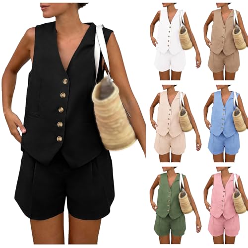 Womens Short Suit Sets 2 Piece Blazer Vest and Shorts Set Sleeveless Button Down Vest Waistcoat Business Casual Outfit4