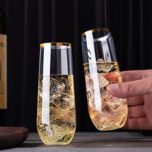 Copas de champán de plástico de 9 oz inastillables desechables con borde de oro para bodas 6