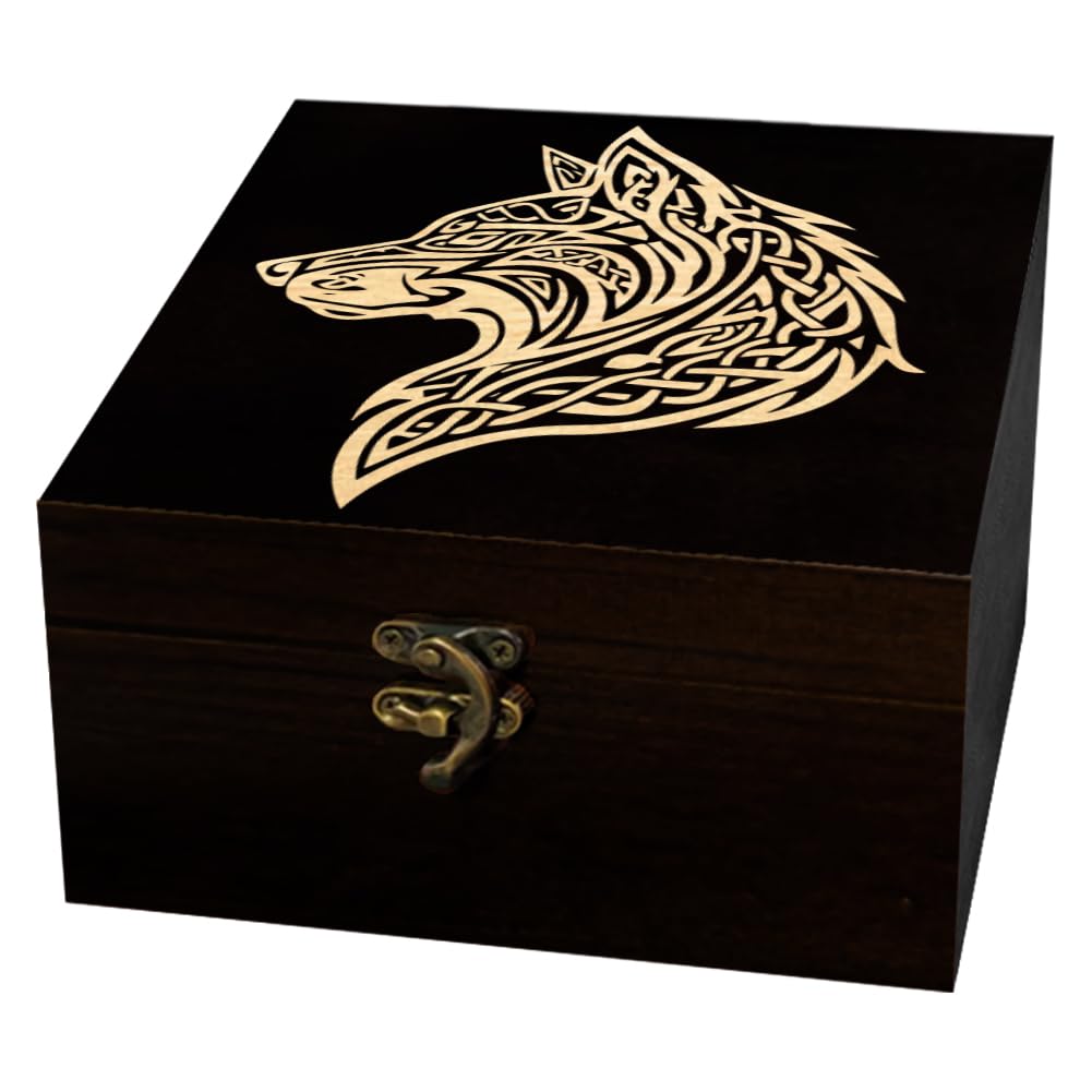 arricraft 1 Pc Wooden Keepsake Storage Box, Viking Knot Wolf Pattern Square Pine Memory Box for Anniversary Jewelry Board Storage 12x12x6cm (4.72x4.72x2.36 inches) โ image 1