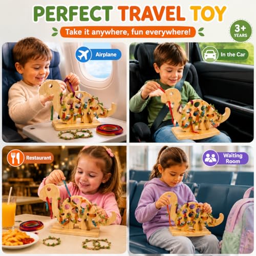 Eray Montessori Dinosaur Lacing Toy for Kids Ages 3-6, Wooden Threading Toy for Fine Motor Skills, Travel Quiet Toy with Colorful Laces, Preschool Learning Activities — view 5