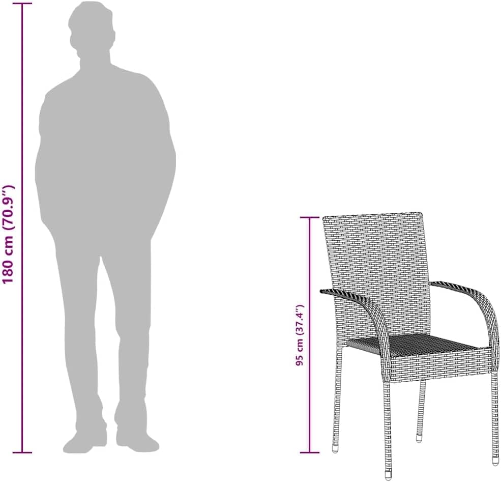 vidaXL Stackable Patio Dining Chairs - Set of 2, Gray Poly Rattan, Outdoor, Garden, Terrace Seating, Steel Frame, Easy Assembly