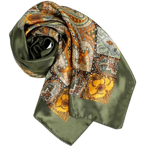 SATINIOR 35 Inch Silky Head Scarf 2 Pcs Large Square Neck Scarf Sleeping Hair Wrapping Satin Bandana for Women(Army Green,Delicate Style)3