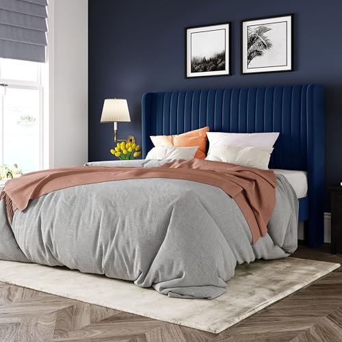 Allewie Queen Size Velvet Bed Frame/Vertical Channel Tufted Wingback Headboard/Upholstered Platform Bed/Strong Wooden Slats/No Box Spring Needed/Easy Assembly/Dark Blue