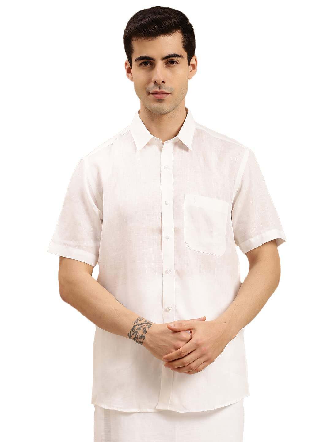 RAMRAJ COTTONMens Half Sleeve Cotton Linen Solid White Shirt (46)