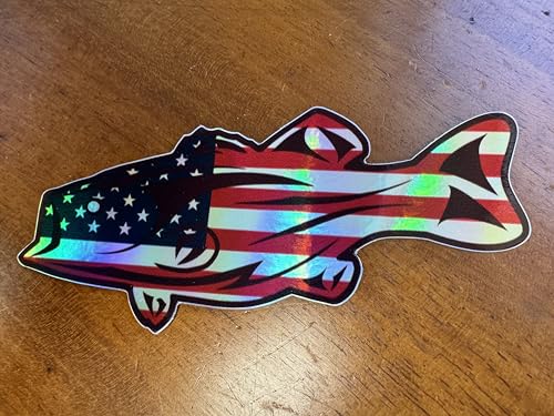 Image of Holographic Bass Sticker - American Flag - Fishing Decals for Trucks - USA Flag Patriotic Country