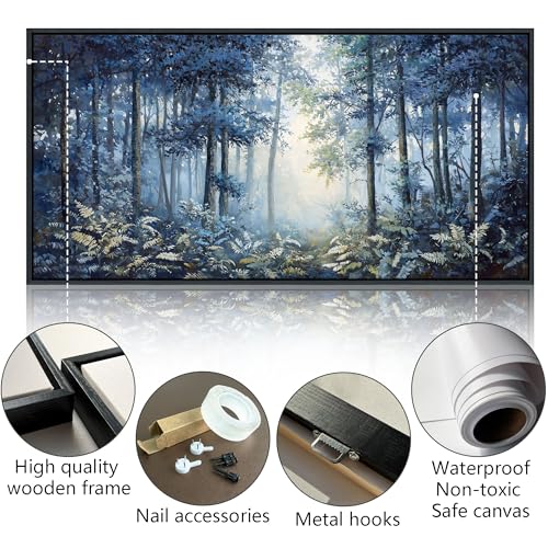 Image of Forest Canvas Wall Art for Living Room - Navy Blue Bedroom Wall Art, Landscape Pictures Wall Decor, Forest Painting, Framed Nature Tree Artwork Walls 24x48IN