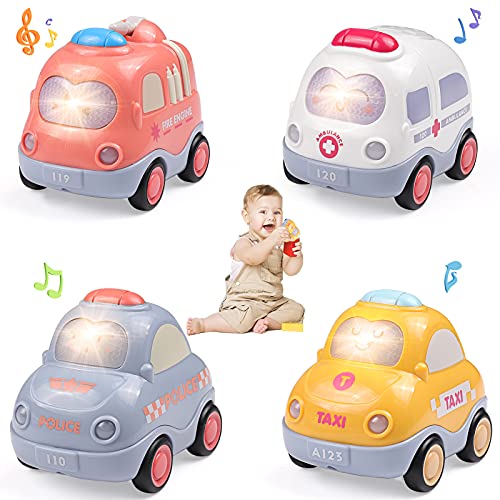 WolinTek 4 Pack carros de brinquedo com luzes e sons para crianças, brinquedos de carro acionados por fricção por inércia, camiões de brinquedo presentes para bebés, Vehicles Early Educational