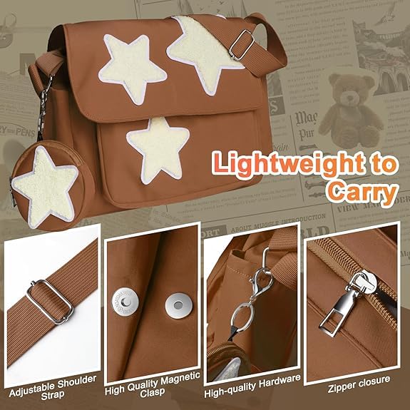 Y2K Messenger Bag for Women, Lightweight Spacious Stars Tote Purse with Cute Coin Purse, Crossbody Shoulder Bag,everyday bag3
