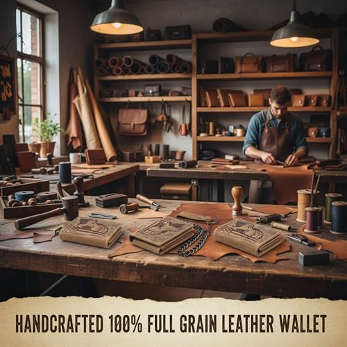Image of F&L CLASSIC RFID Blocking Men's Tri-fold Vintage Biker Cowhide Leather Steel Chain Wallet,Snap closure, brown,skull /flag,315-103