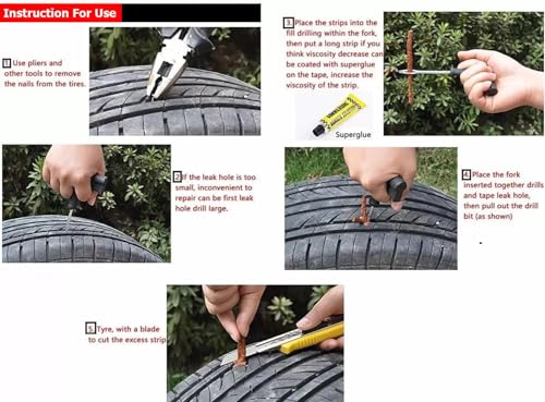 Image of Tubeless Tire Puncher Kit Emergency Flat Tire Repair Patch Puncture Kit for Car, Bike, SUV, & Motorcycle with Storage Bag, Plier and 5Pcs Tyre Valve Stem Core & Tool (with 15 Strip)