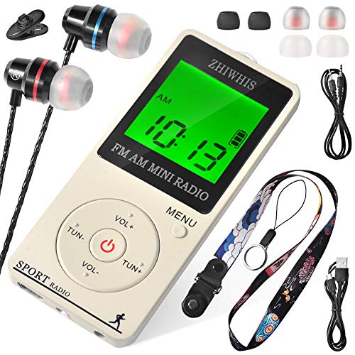 ZHIWHIS ミニAM/FM/ワイドfmスポーツラジオ 充電式デジタルクロックポータブルラジオ スリープおよび歩数計機能付き 高感度 バックライト ディスプレー ステレオイヤホン 多機能ストラップ 収納袋付き(日本語取説付き) (白)