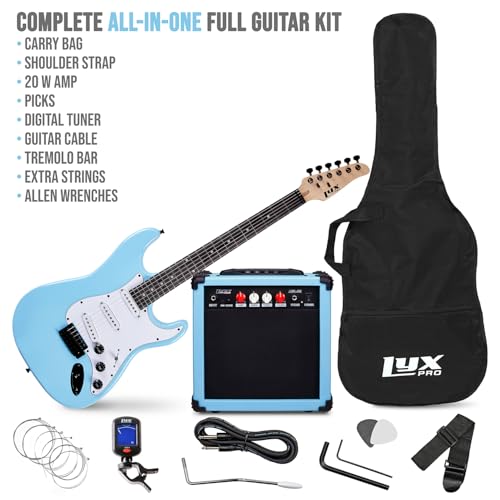Image of LyxPro 39 inch Electric Guitar Kit Bundle with 20w Amplifier, All Accessories, Digital Clip On Tuner, Six Strings, Two Picks, Tremolo Bar, Shoulder Strap, Case Bag Starter kit Full Size - Retro Blue