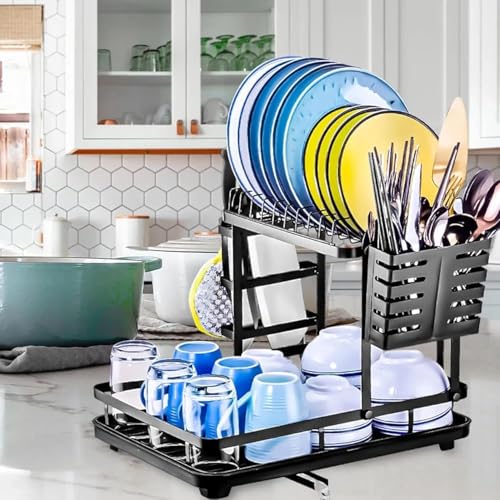Image of Amazon Brand - Umi 2-Tier Dish Drying Rack with Cutlery Holder for Kitchen Counter, Kitchen Storage Rack, Utensil Rack, Cups and Plates Storage Organizer, Rotating Drainer Board (42x30x33cm)