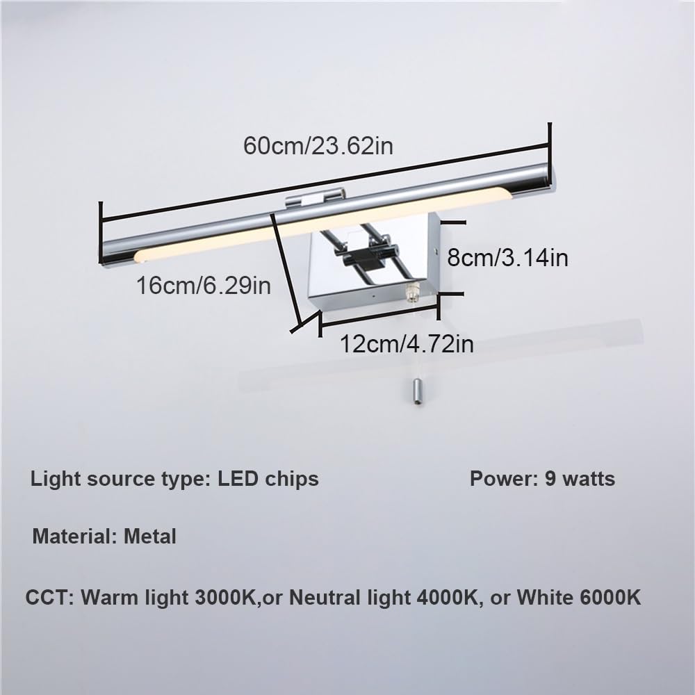 Lampada Specchio Design Moderno, Applique Bagno LED Cromata Barra Lineare con Interruttore a Catena Regolabile Luce per Specchio per Trucco Rasatura(Warm light,60cm/23.62in)
