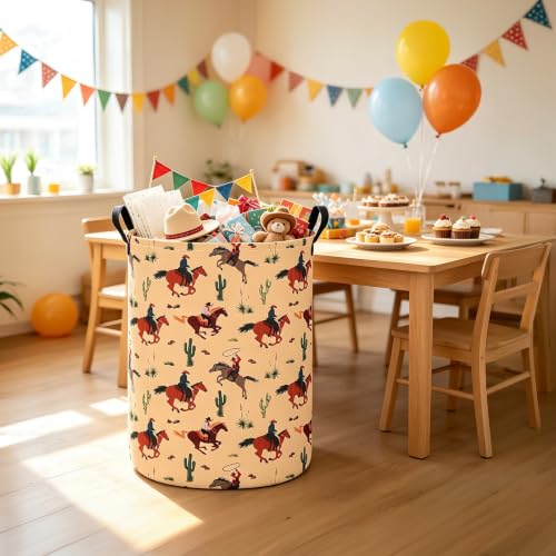 Image of Round Laundry Basket Collapsible Storage Organizer Cactus Cowboy | Waterproof Canvas Foldable Baskets with sturdy Handles Multi-scene Organizer for Home Play Bedroom Gift Bin