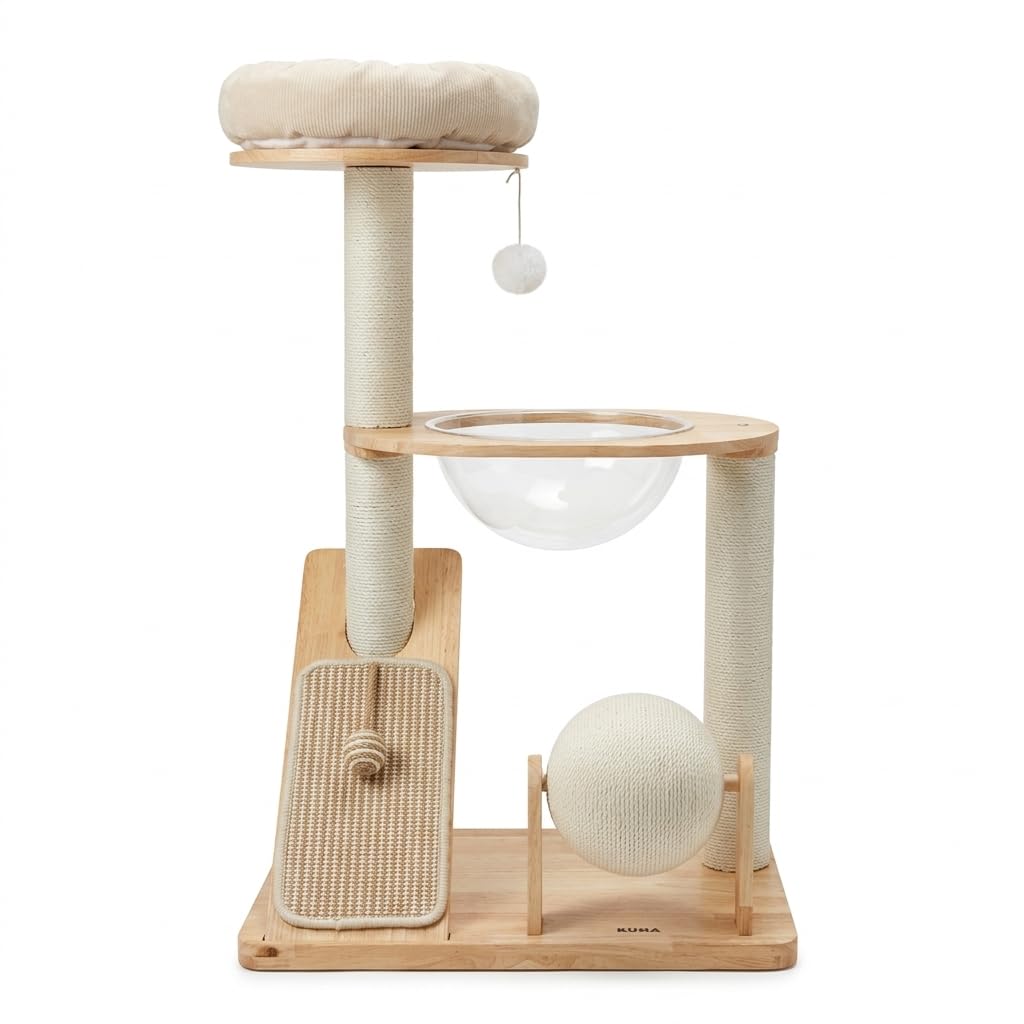 Torre Rascador, Arbol para Gatos, de Madera y Sisal, con Hamaca Transparente, Cama Redonda, Rascador y Bola