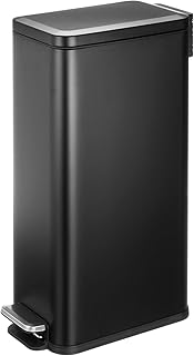 mDesign Slim Metal Rectangle 7.9 Gallon Trash Can with Step Pedal, Easy-Close Lid, Removable Liner - Narrow Wastebasket Garbage Container Bin for Bathroom, Bedroom, Kitchen, Office - Black