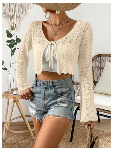 Image of SHENHE Women's Tie Front Cardigan Trumpet Sleeve Pointelle Knit Crop Tops