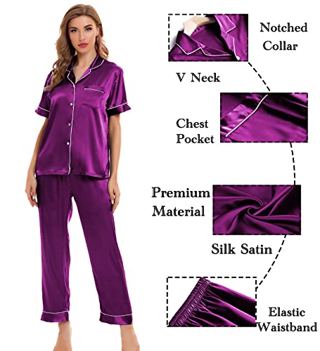 Image of SWOMOG Womens Silk Satin Pajamas Sets 4pcs Sleepwear Sexy Cami Shorts Set and Button Down Short Sleeve Pjs Loungewear Purple X-Large
