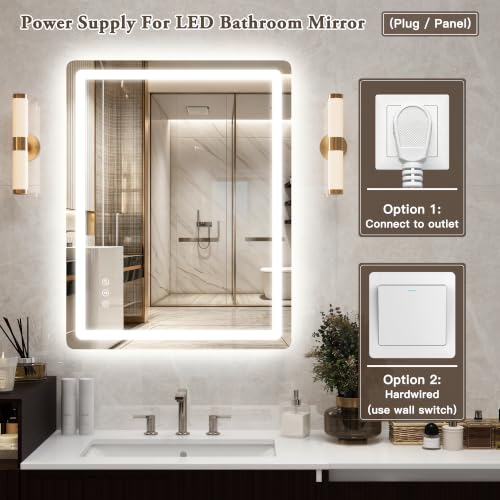 Image of 28 inch x 36 inch Led Bathroom Mirror with Lights, Anti-Fog & Tri-Color Lighting - Wall Mounted Shaving Mirror with Touch Sensor, Waterproof & Smart LED Vanity Mirror,Tempered Glass, Dimmable Smart Mirror