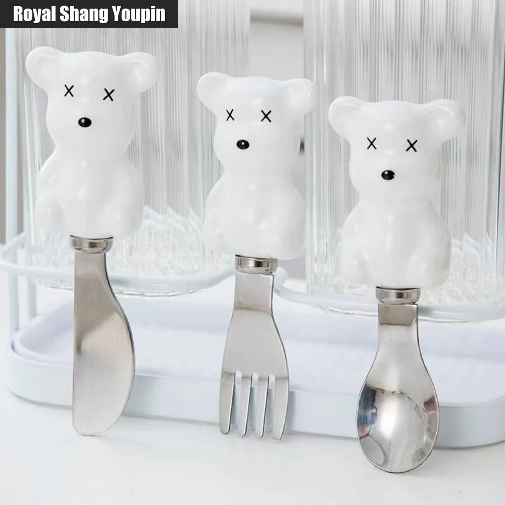 6 PZ Mini 13,5 Cm/5,3 Pollici Simpatico Orsetto Manico in Ceramica Cucina Posate in Acciaio Inossidabile Stoviglie Posate Coltelli Forchette Cucchiai Set Per 2 Persone (Bianco+Nero)