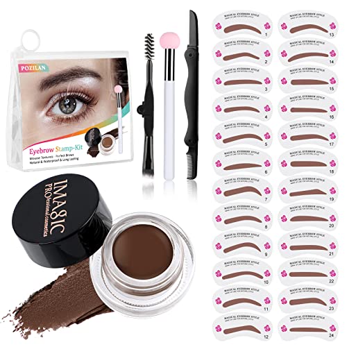 Eyebrow Stamp Stencil Kit for Beginner - Eye Brow Stamping Kit, 24 Shaping Eyebrow Stencils and Stamp Kit, Waterproof Chocolate Brow Pomade Eyebrow Makeup Kit for Girls, Teens
