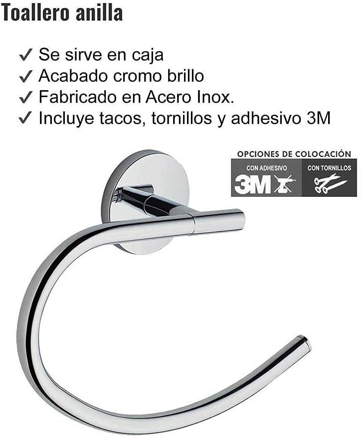 Kibath 324664 Toallero de Anilla de diseño. Fabricado en Acero Inoxidable y Acabado en Cromo Brillo. con Dos Opciones de colocación, Adhesiva o con ...