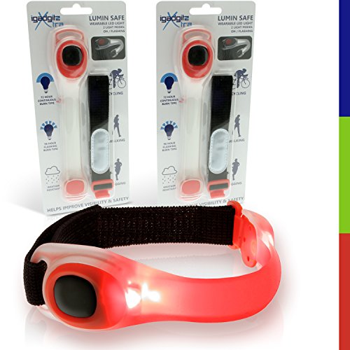 igadgitz Xtra U4379-KIT Lumin safe Alta Visibilidad Brazalete / Correa Reflectante strap De silicona con luz intermitente LED, Impermeable - 2 x Rojo