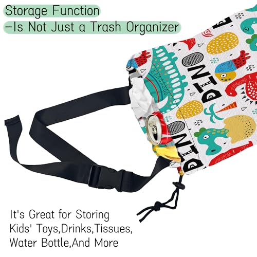 Image of Cartoon Dinosaur Car Trash Bag,Palms Hanging Drawstring Car Garbage Bag,Waterproof Canvas Car Back Seat Organizer with Adjustable Buckle,for Vehicles,SUVs,Camping,Road Trips