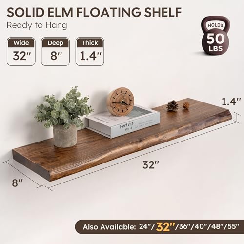 Image of 32 inch Live Edge Floating Shelves Set of 2, Solid Elm Wood, Vintage