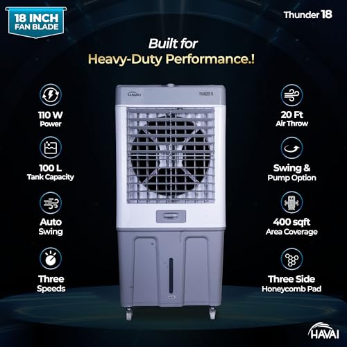 Image of HAVAI Thunder 18 Desert Cooler | 18 inch Heavy-Duty Aluminium Fan Blade | 110 Dia 35mm Powerful Motor | Auto Swing | 3-Side Honeycomb | 20 Ft Air Throw | 100L Tank | 1-Year Motor Warranty | White & Grey