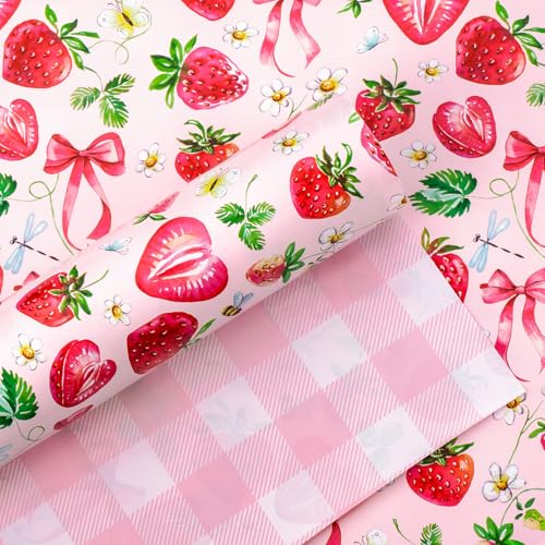 Yarcony Strawberry Wrapping Paper Roll Cute Bow Gift Wrap Strawberries Floral Butterfly & Plaid Design Pink Wrapping Paper for Girls Birthday Baby Shower Valentines Day(Mini Roll 17 InX 33 Ft)