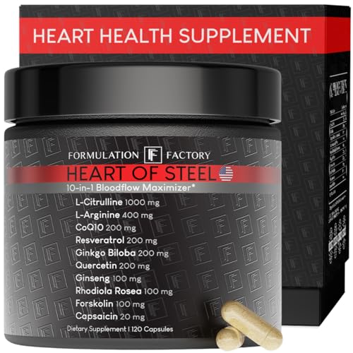 Formulation Factory Heart of Steel Nitric Oxide Supplement - L Citrulline & L Arginine Blood Pressure Supplements - Natural Pre-Workout: Energy Management - 120 Capsules, 1 Month Supply