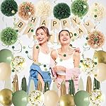 Green Birthday Party Decorations for Women Girls with Happy Birthday Banner,Tissue Paper Pompoms, Paper Tassel,Circle Garland,Hanging Swirl,Decorations Balloons for Party Decor (sage green) - Image 3