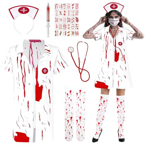 SANLIUSANJIU Halloween Horror Krankenschwester Kostüm Set, Blut Zombie Kostüm Damen, Halloween Kostüm Damen Arzt, für Erwachsene & Verkleidung...