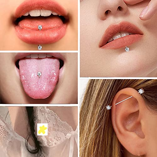 Sllaiss 2PCS Sterling Silver Nipple Rings for Women 16G CZ Straight Tongue Rings Barbells Nipple Piercing Jewelry3