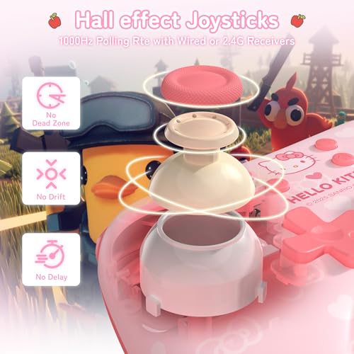 Image of Kuitmor Hello Kitty Switch Pro Controller, Cute Hall Effect Wireless Gamepad No Drift for Switch 2 /Switch /OLED /Lite, PC /Steam, Android, iOS, Bluetooth + Wired, Turbo, Back Buttons,6-Aixs Gyro, Wake-up, RGB (Pink, Without 2.4g Receiver)