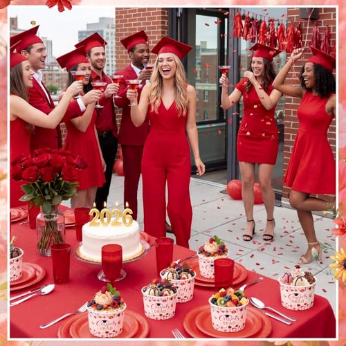 Image of Funnymoom 50 Pack Red Wildflower Graduation Ice Cream Cups 9 oz Class of 2026 Congrats Grad Disposable Dessert Snack Cups Floral Graduation Paper Soup Bowls for College High School Party Supplies