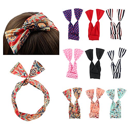 Carede Twist Bow Wire Headbands Head Wrap Fashion Bowknot Polka Dot Lattice Floral Printed Rabbit ear Wire Hairbands Hair Holder Hair Accessory for Women and Girls,Pack of 9