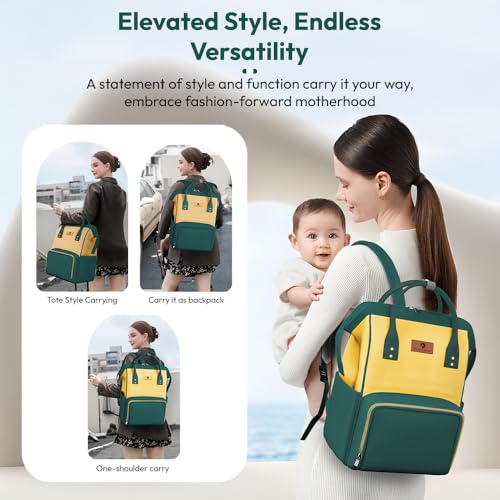 Image of StarAndDaisy Baby Bag for Mother Travel / 30L Lightweight Diaper Bag with 3 Insulated Bottle Pockets /Maternity Bag for Mother for Travel & Diaper Bag for Baby - Dark Green Yellow