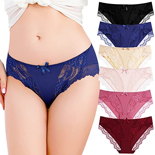 Kingfung Womens Underwear Lace Sexy Panties Bikini Panty for Women Seamless Hipster Pack(L, 6pack-assorted)