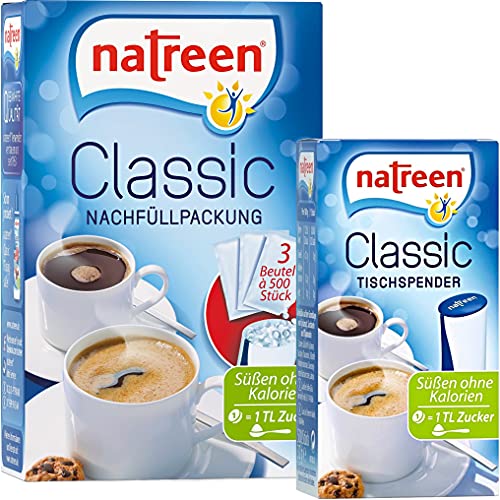 NATREEN® Classic Table Dispenser 500 pcs. and Refill Pack 3x500 pcs. - The calorie-free sweetener for coffee and tea / Netherlands