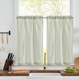 TOPICK 2er Set H 90 x B 65 (cm) Gestreifte Scheibengardinen modern Leinen Gardinen mit Streifen Küchenvorhang Blickdicht Kurz Küchengardinen für Küchen lichtdurchlässig Klein Fenster Grün auf Beige