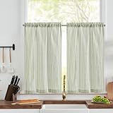 TOPICK Tende piccole a righe verdi 91,4 cm, in lino, traslucide, corte, per caffè, filtraggio della luce, per campagna, seminterrato, lavanderia, bagno, 2 pannelli