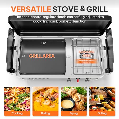 ROVSUN 2-in-1 Portable Camping Stove & Propane Grill with Enamel Griddle & Piezo Igniter - Compact Tabletop Camp Stove (Black) - Image 3