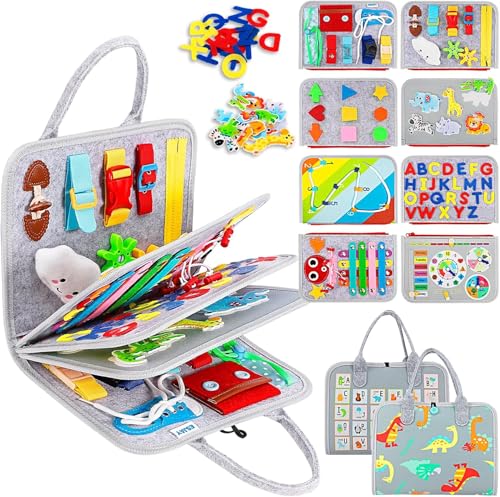 AMERTEER Montessori Busy Book for Toddlers 20 in 1 Quiet Activity Book with Life Skills Sorting Cognition Development Sorting & Matching DIY Felt Learning Toy for Preschool Boys and Girls (GRAY)